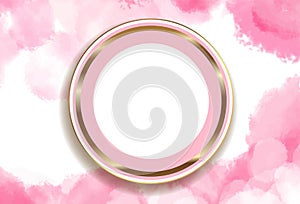 Round gold frame with pink border. Beautiful illustration with watercolor stains. Abstract bright wallpaper. Place for