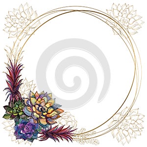 Round gold frame with succulents. Vector. Watercolor. Graphics