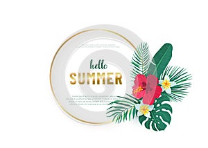 Round gold frame with tropical hawaii flower leaves bouquet vector background. Composition with exotic plants in simple