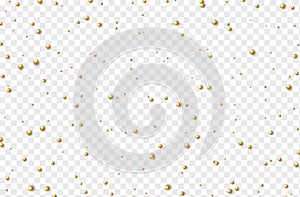 Round gold grains in the form of scattered beads. Effect on transparent background