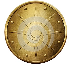 Round gold metal shield isolated on white 3d illustration