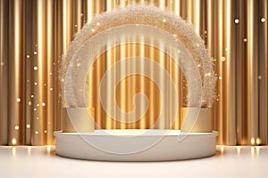 A round, gold podium sits on a wooden floor with a backdrop of lights