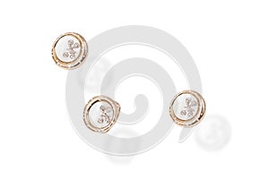 Round gold precious earrings ring with diamonds nacre and butterfly on white background.