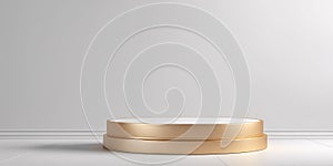 Round gold product presentation stand on white background, empty room with shadows