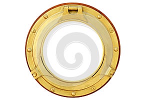 Round golden brass boat window isolated