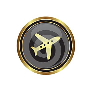 Round golden button with Airplane icon photo