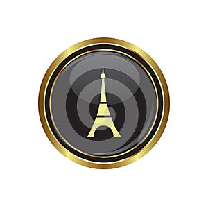 Round golden button with Eiffel tower icon
