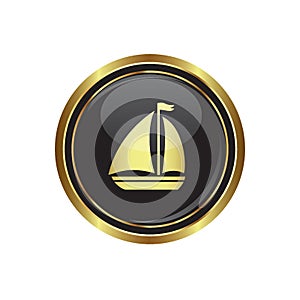 Round golden button with sailboat Icon
