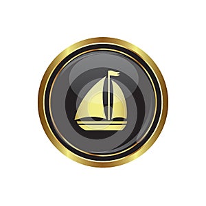 Round golden button with sailboat Icon photo