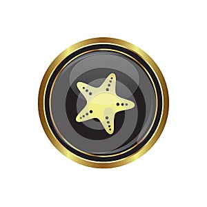 Round golden button with Sea star icon photo