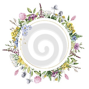 Round golden floral frame with watercolor wildflowers. photo