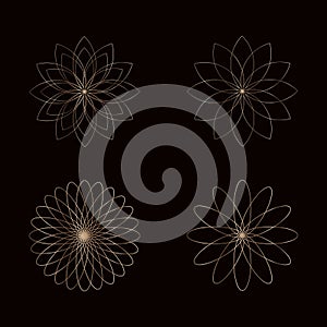 Round golden frame on a black background, golden element in art deco style. Vector abstract linear object