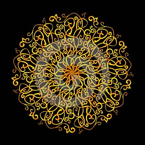 A round golden mandala Lace, decorative element on black background. Vector