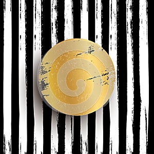 Round golden stamp vector illustration. Glittering metallic circle on striped black background. Shining grunge element
