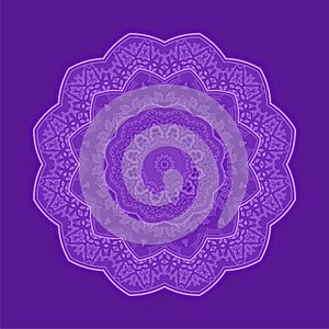 Round gradient mandala on purple background. Vector boho mandala in purple color. Abstract design of mandala in dot