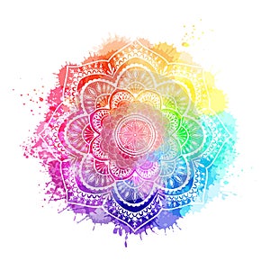 Round gradient mandala on white isolated background. Mandala over colorful watercolor photo
