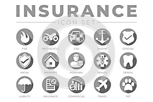 Round Gray Insurance Icon Set with Car, Property, Fire, Life, Pet, Travel, Dental, Commercial, Health, Marine, Liability Insurance