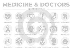 Round Gray Medicine and Doctors Icon Set of Cardiology, Neurology, Gynecology, Orthopedy, Gastroenterology, Stomatology,Oncology,