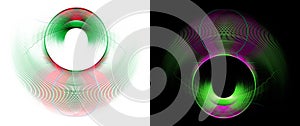 Round green abstract striped propellers with red and purple accents rotate on black and white backgrounds. Set