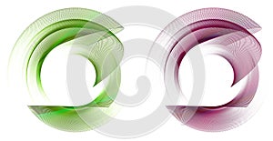 Round green and magenta frames from transparent, striped, arcuate and wavy elements on a white background. Set