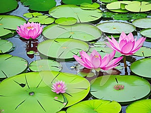 Round green waterlilly pads with pink waterlilly flowers