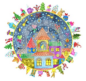 Round greeting card with decorated colorful houses, town or village in holiday frame with gifts on white.