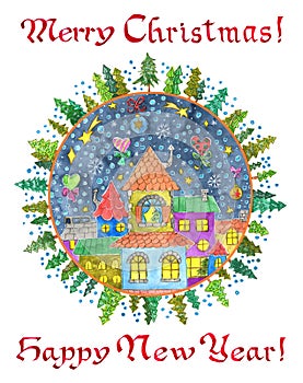 Round greeting card with festive town, village or houses in frame with fir trees and text