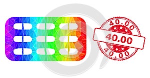 Round Grunge 40.00 Stamp With Vector Lowpoly Pill Blister Icon with Spectral Colored Gradient