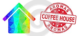 Round Grunge Aromas Coffee House Seal with Vector Triangle Filled House Icon with Spectral Colored Gradient