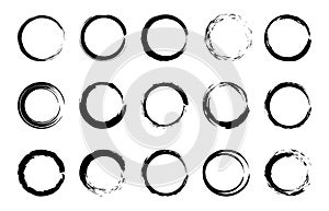 Round grunge brush frames. Circle and stamp brush stroke borders, artistic brush blots and black paint frame design