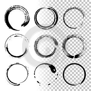 Round grunge frames isolated on transparent background. Vector design element set.