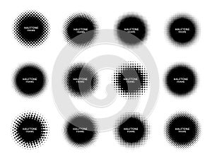 Round halftone shape frames. Black circles with dotted texture, dots gradient and circle shapes label frame vector set