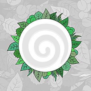 Round hand drawn green leafs frame. Nature round background for text.
