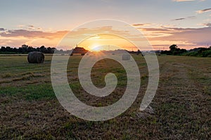 Round hay bales on field at golden sunset