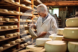 Round heads of cheese on wooden shelves in storage. Traditions of cheese making and sale of fresh product