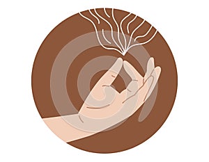 Round highlight cover template for social media. Mudra hand gesture, yoga practice and meditation. Vector isolated round sticker