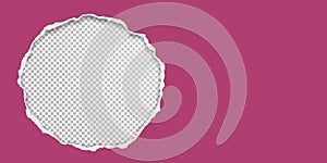 Round hole composition in violet paper with torn edges and soft shadow is on squared background. Vector illustration