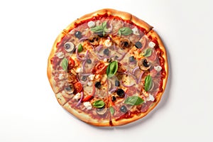 Round hot pizza with tomatoes and basil isolated on white background. Generative ai