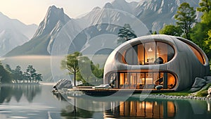 Round house floating on calm lake water under clear sky. Round House on Lake