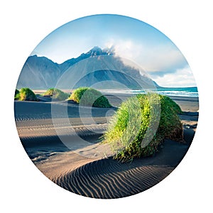 Round icon of nature with landscape. Black sand dunes on the Stokksnes headland on southeastern Icelandic coast with Vestrahorn B