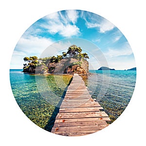 Round icon of nature with landscape. Fabulous summer view of Cameo Island. Sunny morning scene of Port Sostis, Zakinthos island, G