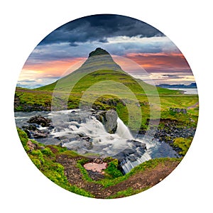 Round icon of nature with landscape. Great summer sunrise on famous Kirkjufellsfoss Waterfall and Kirkjufell mountain. Dramatic mo