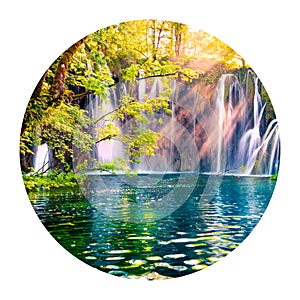 Round icon of nature with landscape. Last sunlights up the pure water waterfall in Plitvice National Park. Colorful summer scene o