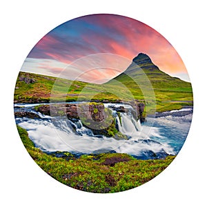 Round icon of nature with landscape. Majestic summer sunset on famous Kirkjufellsfoss Waterfall and Kirkjufell mountain. Dramatic