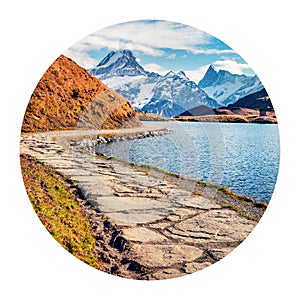 Round icon of nature with landscape. Nice autumn scene of Bachsee lake with Wetterhorn and Wellhorn peaks on background, Alps, Gri