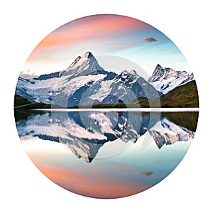 Round icon of nature with a landscape. Wetterhorn peak reflected in water surface of Bachsee lake, Bernese Oberland Alps, Grindelw