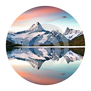 Round icon of nature with landscape. Wetterhorn peak reflected in water surface of Bachsee lake. Summer sunrise in Bernese Oberlan