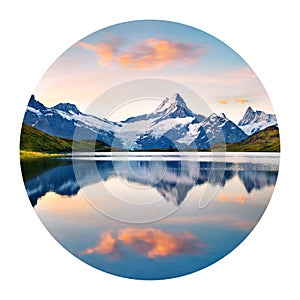Round icon of nature with landscape. Wetterhorn and Wellhorn peaks reflected in water surface of Bachsee lake, Oberland Alps, Grin