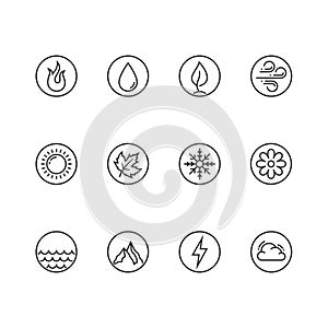 Round icon set of fire, water, earth and air elements and seasons of year in outline style