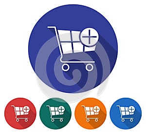 Round icon of shopping trolley with plus sign